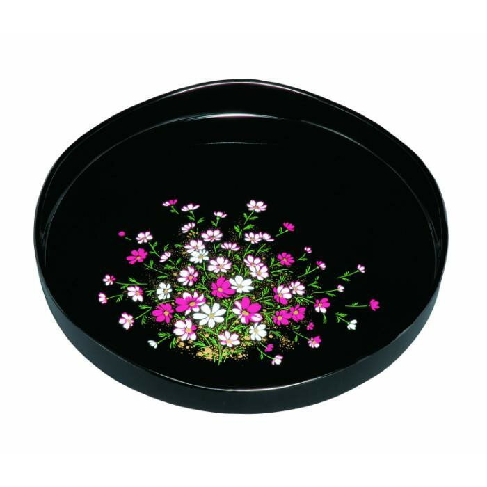 【ふるさと納税】丸盆 梅型山道盆 黒 コスモス（金蒔絵） ［YG449］ | 工芸品 日用品 キッチン お盆 送料無料 おすすめ 人気