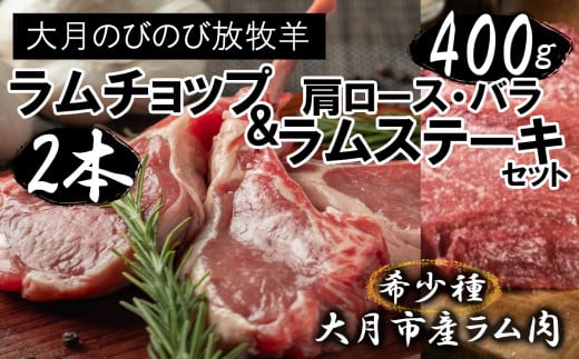 【先行予約】大月のびのび放牧羊【ラムチョップ＆ステーキセット】ラムチョップ2本・ステーキ400g(肩ロース100g×2枚 バラ100g×2枚)