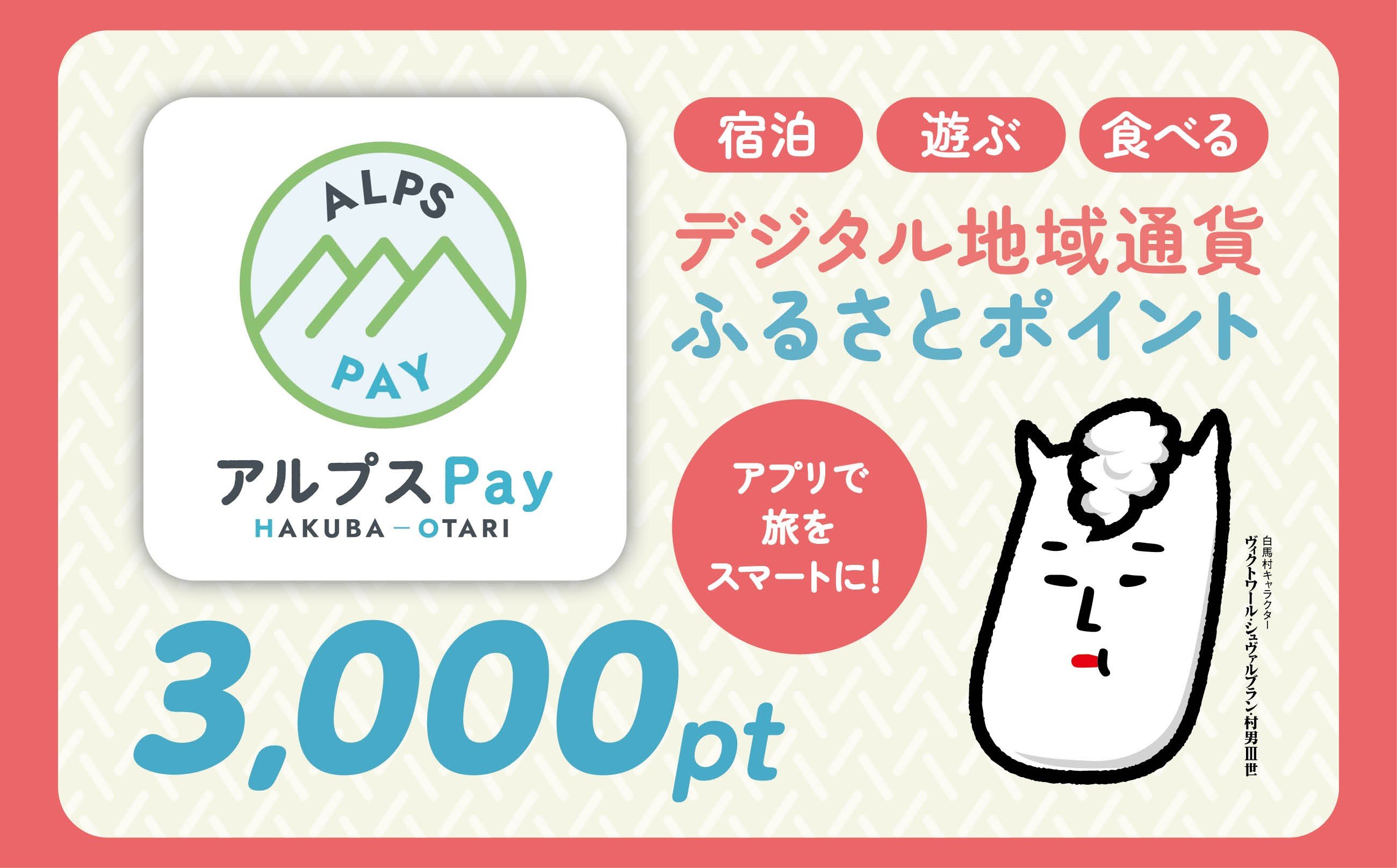 
            白馬村・小谷村 デジタル地域通貨「アルプスPay」 ふるさとポイント3,000pt（3,000円分） アルプスペイ 地域限定通貨 電子決済 キャッシュレス 飲食 宿泊 体験 電子通貨 長野県 北アルプス【L0020678】
          
