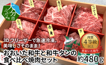 A01098　3Dフリーザーで急速冷凍。美味しさそのまま！おおいた和牛と和牛タンの食べ比べ焼肉セット　約480ｇ（秘伝のタレ３種類付き）