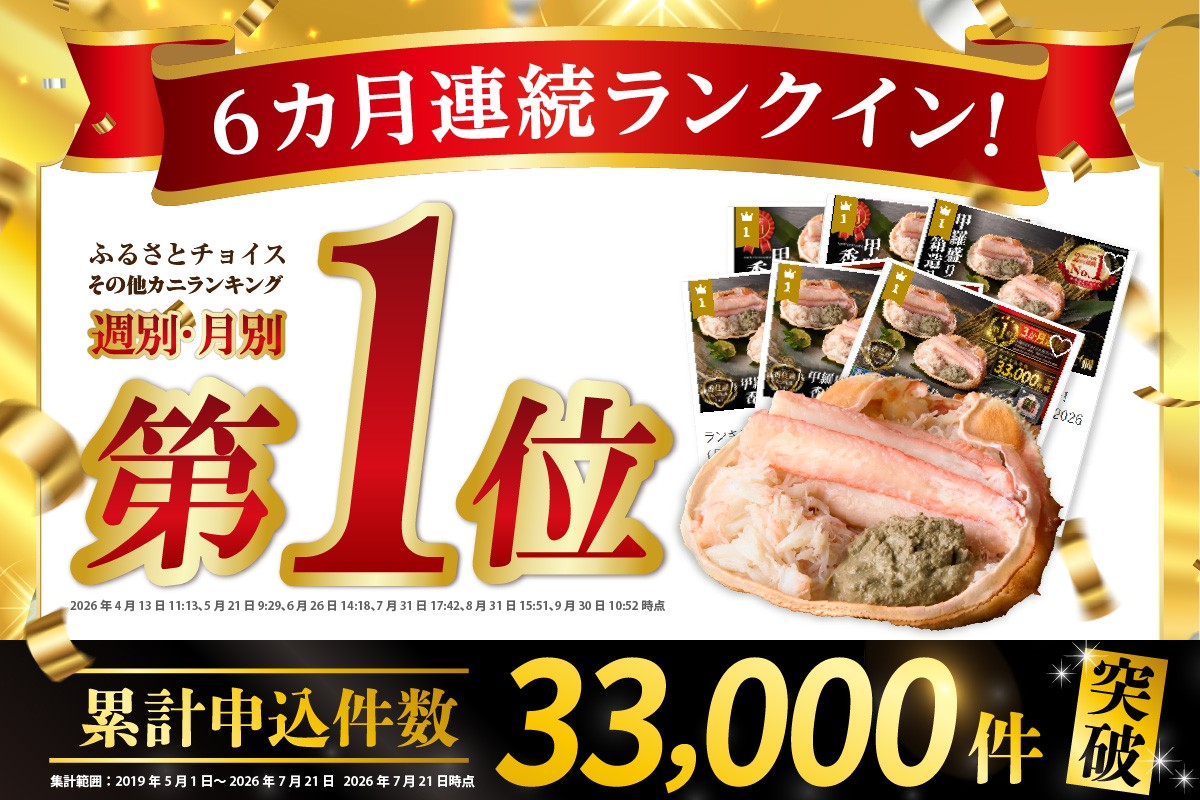 皆様のおかげで その他カニ部門ランキングにて月別・週別3か月連続1位を獲得しました！
※2026年4月、5月、6月時点