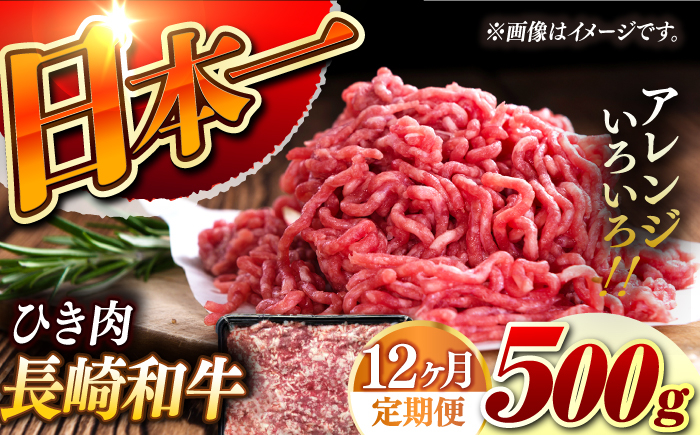 
【12回定期便】【黒毛和牛100％】 長崎和牛 ひき肉 毎月500g （A4またはA5ランク） 長与町/炭火焼肉あおい [EBW063]
