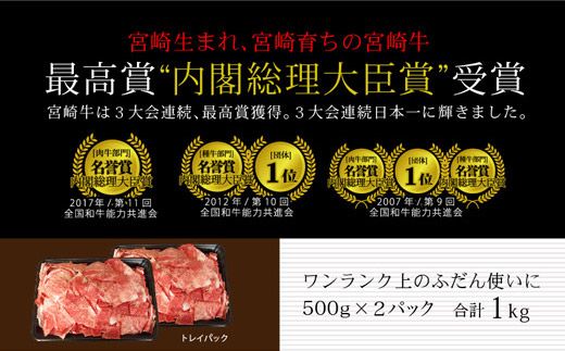 <宮崎牛>牛肉こま切れ1kg(500g×2パック)※90日以内出荷【C84】