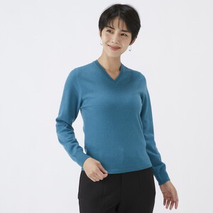 日本製 カシミヤ100% レディース Vネック ブルーグリーン