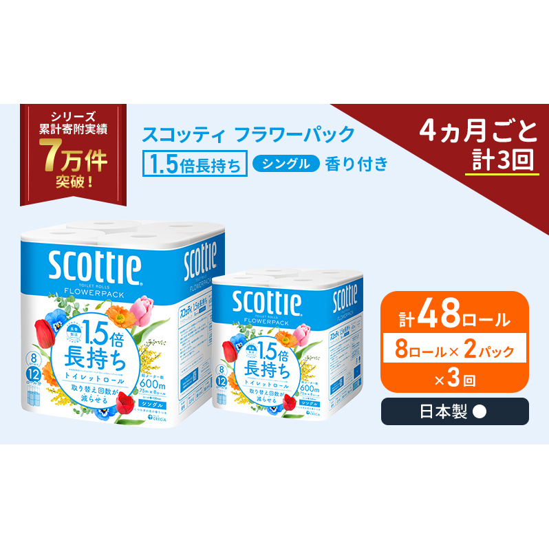 定期便 トイレットペーパー シングル スコッティ 1.5倍長持ち 48ロール ( 8ロール × 2パック)《 4ヶ月ごと 計  3回 》 フラワーパック 香り付き