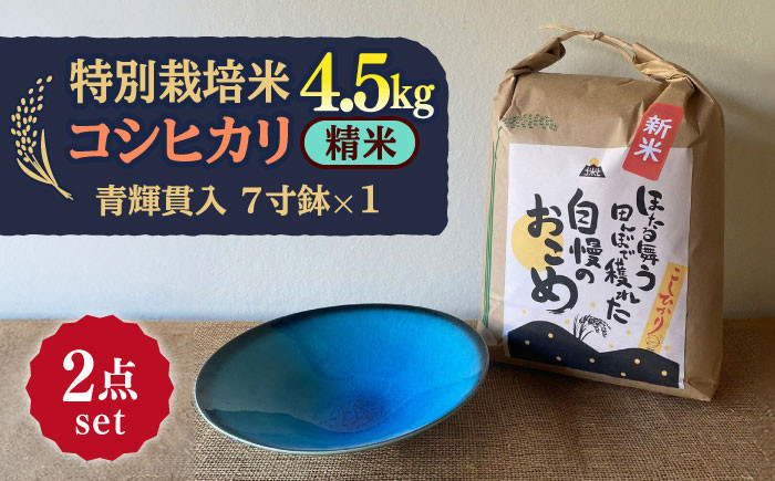 
            【令和7年産】 精米 コシヒカリ 特別栽培米 （4.5kg）+ 【美濃焼】 青輝貫入 7寸鉢 多治見市 / 山松加藤松治郎商店 [TEU051]
          