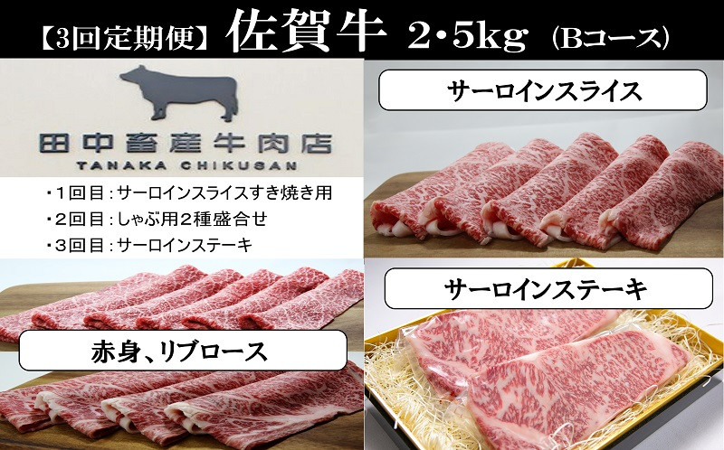 
            【定期便セット】【3回】田中畜産牛肉店 佐賀牛Bコース2.5kg(サーロインスライスすき焼用700g/しゃぶ用2種(リブロース400g、赤身400g)/サーロインステーキ1kg)
          