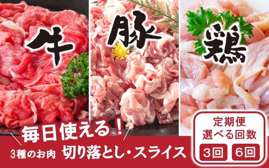 
            【定期便/3ヶ月or6ヶ月連続】毎日の献立に！おおいたの牛・豚・鶏をセットでお届け 切り落とし 切落し スライス_2574R
          