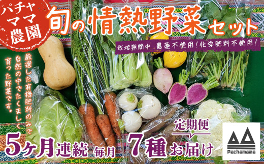 【5ヶ月連続お届け】農園自慢の情熱野菜セット（7品）【野菜 詰め合わせ お任せ 季節物 定期便 セット 山芋 パセリ わさび菜 ポップコーン かぶ 人参 里芋 たまねぎ 玉ねぎ ルッコラ ほうれん草 春菊 大根 芽キャベツ レタス じゃがいも さつまいも とうもろこし そら豆 枝豆 パクチー ビーツ ほうれん草 キャベツ ピーマン なすトマト かぼちゃ】