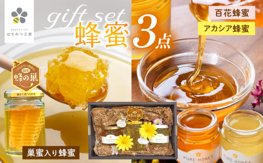 巣蜜（コムハニー）入り 蜂蜜 3点ギフトセット｜コムハニー140g 百花蜂蜜100g アカシア蜂蜜100g｜国産 純粋はちみつ 無添加 天然 贈り物 プレゼント｜メディア紹介多数 はちみつ工房｜千葉県 君津市