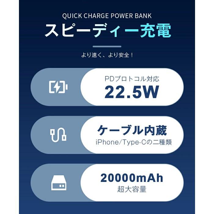 モバイルバッテリー＜ピンク＞20000mAh 大容量 2本ケーブル内蔵 防災電源 USB-A出力 Type-C出力ケーブル Type-C入力 iPhone入力 iPhone出力ケーブル 3台同時充電 