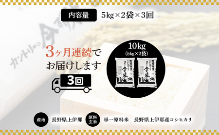 米 定期便 コシヒカリ 10kg 3回 長野 上伊那産 お米 長野県産 こしひかり 5キロ 白米 精米 信州産 特産 産地直送 おすすめ こめ コメ おこめ 送料無料 長野県 箕輪町 定期 3ヶ月