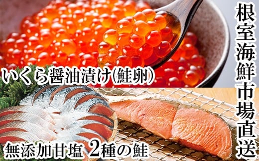 
            A-14096 無添加天然甘塩紅鮭10切、秋鮭5切、いくら醤油漬け(鮭卵)70g×2P
          