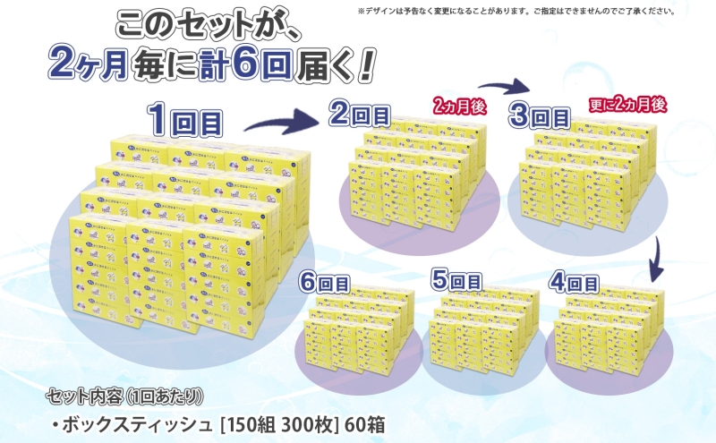 北海道 定期便 2ヵ月毎 全6回 とけまるくん 水に流せる ティッシュ 150組 計60箱 ティッシュペーパー ボックス リサイクル 日本製 防災 常備品 日用品 消耗品 備蓄 育児 福祉 ペット キ
