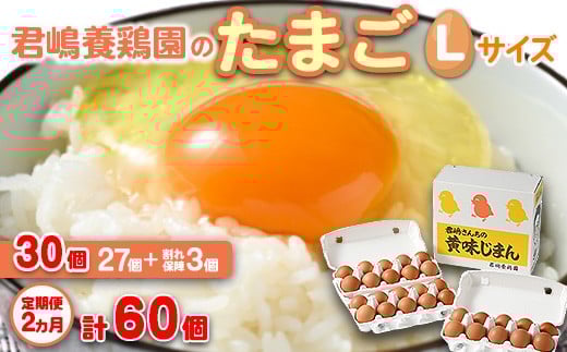 
            【2か月定期便】君嶋養鶏園のたまご Lサイズ 30個（27個＋割れ補償3個）×2ヶ月 計60個 | 定期便 2ヶ月 2か月 2ヵ月 卵 玉子 たまご 赤卵 赤たまご 生卵 国産 濃厚 鶏卵 コク 旨味
          