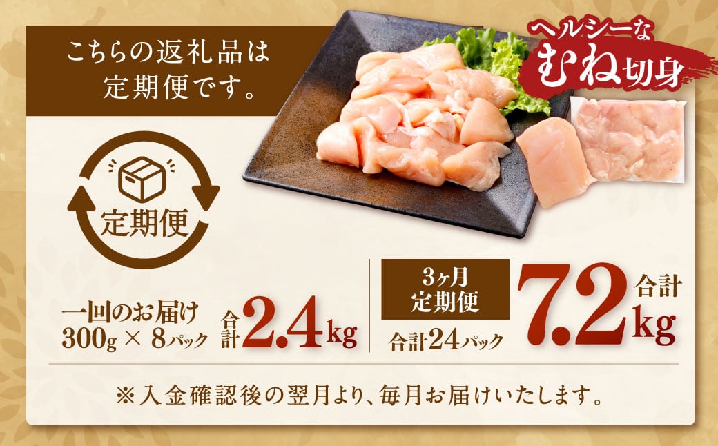 BS-382 【3回定期便】鹿児島県産銘柄鶏・さつま純然鶏 若鶏むね切身（300g×8パック×3回 合計7.2kg）