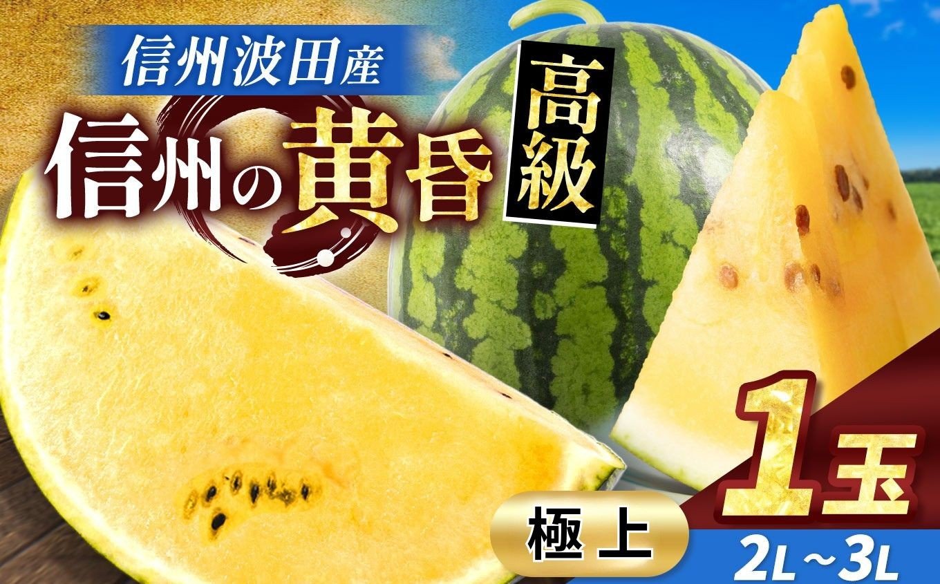 
            【先行受付：2026年7月発送】信州波田産 甘いスイカ！ 信州の黄昏 ( 金色羅皇 ) 【極上】 2L～3Lサイズ 1玉｜ふるさと納税 長野県 信州 松本 果物 フルーツ すいか スイカ 西瓜 大きい 特別 珍しい 黄色スイカ 贈答 季節限定 甘い くだもの ふるーつ
          