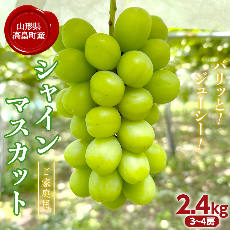 【農業者支援】山形県高畠町産 ご家庭用 シャインマスカット 約2.4kg（3～4房） 箱詰め 2024年9月中旬から順次発送 ぶどう ブドウ 葡萄 マスカット 大粒 種なし 高級 くだもの 果物 フルーツ 秋果実 家庭用 自宅用 訳あり 産地直送 農家直送 数量限定 F21B-218