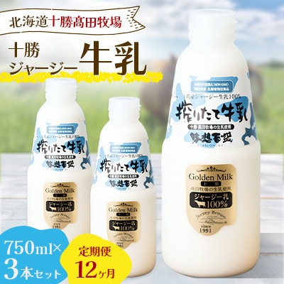 【毎月定期便】【十勝高田牧場】十勝搾りたてジャージー牛乳 750ml×3本セット全12回【配送不可地域：離島】