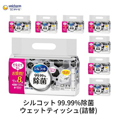 【ふるさと納税】シルコット 99.99％除菌 ウェットティッシュ詰替（40枚×8P）×8袋 日用品 手拭き 外出時 お出かけ時 食事前 　お届け：ご寄附（ご入金）確認後、約2週間～1ヶ月程度でお届けいたします。