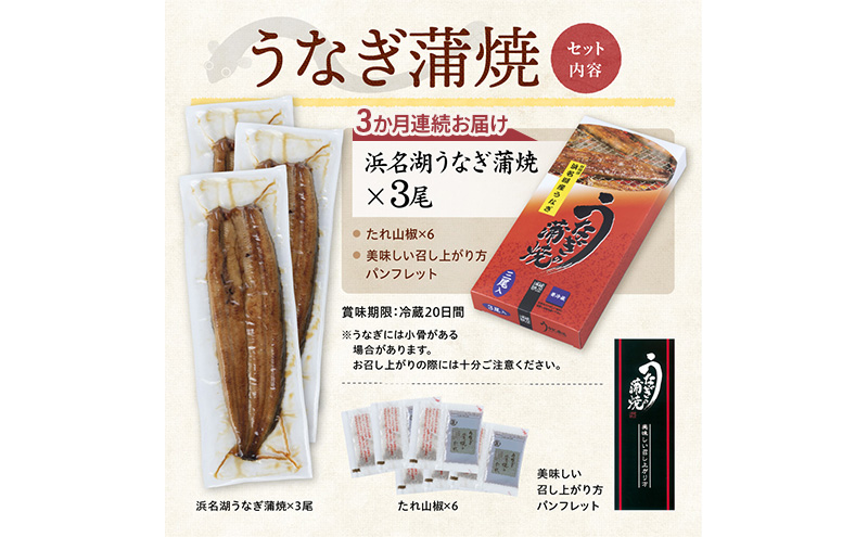 【3か月定期便】浜名湖産うなぎ蒲焼　約140g×3尾入り　計3回 うなぎ ウナギ 鰻 ブランドうなぎ 蒲焼 浜名湖 とろける ふっくら 香ばしい 旨味 肉厚 自家製たれ 二度焼き 静岡 浜松市