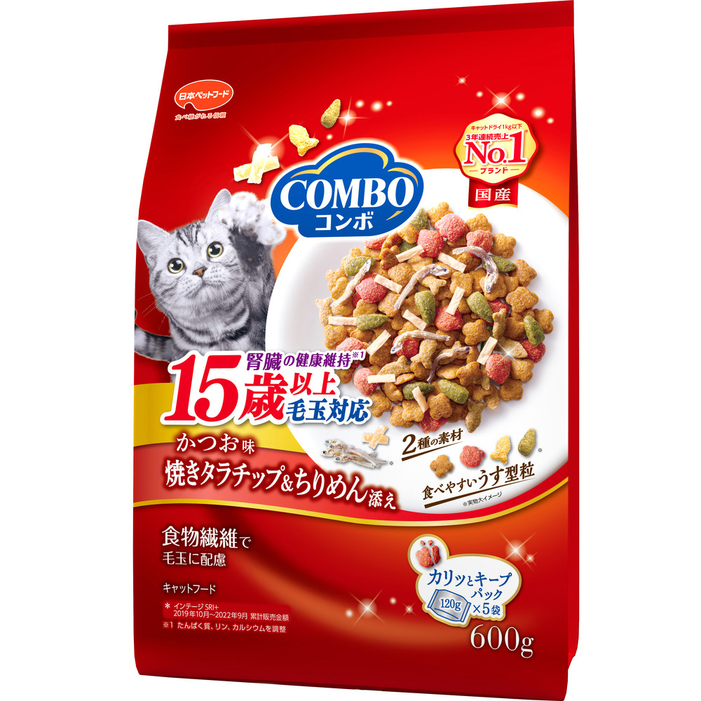 コンボ キャット 毛玉対応15歳以上 かつお味・焼きタラチップ・ちりめん添え 600g ｘ12(ケース単位) キャットフード