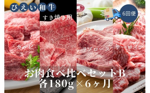 ファームズ千代田「びえい和牛」お肉食べ比べセットB(各180g×６ヶ月) | 冷凍 人気 送料無料 お取り寄せ 北海道 美瑛 おすすめ お土産 御礼 ギフト 北海道土産 おみやげ お土産 高級 特選 贅沢 食べ比べ バラエティ 詰め合わせ 詰合せ つめあわせ セット 和牛 牛肉 カルビ ロース 国産 国産牛 国産牛肉 すき焼き リブロース サーロイン 定期便[252-02]