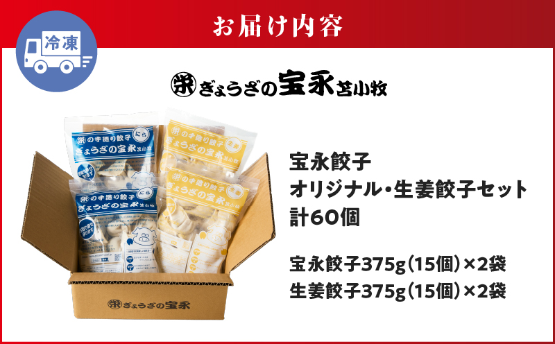 手包み餃子 ぎょうざの宝永 生姜餃子60個セット（宝永餃子15個入×2袋・生姜餃子15個入×2袋）　T004-005-02