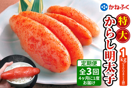 [定期便] 特大からし明太子 1kg XLサイズ『4ヶ月に1度／全3回』かねふく｜希少 めんたいパーク めんたいこ 辛子明太子 グルメ ギフト おかず 甘楽町 [0113]