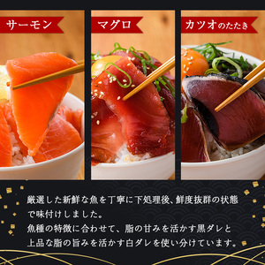 ＜定期便・全6回(連続)＞海鮮 お魚漬け丼 ぶり 真鯛 カンパチ マグロ サーモン カツオのタタキ 食べ比べ  小分け  海鮮丼 【UZ-15】【請関水産】