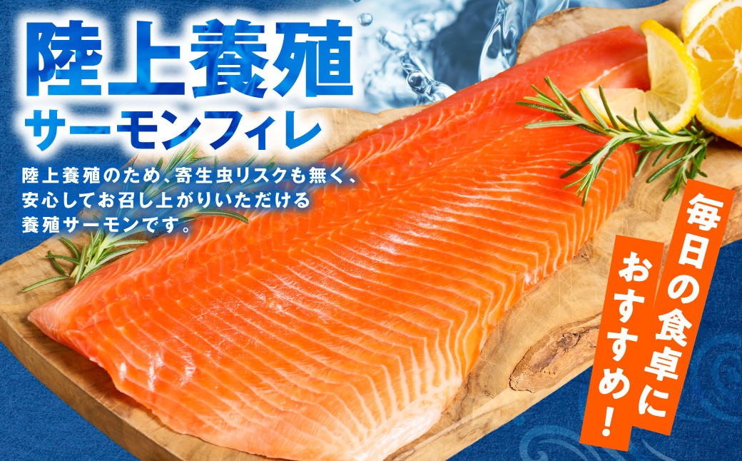 陸上養殖のため、寄生虫リスクも無く、安心してお召し上がりいただける養殖サーモンです。