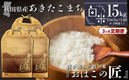 
【３ヶ月定期便】秋田県産おばこの匠あきたこまち　15kg （5kg×3袋）白米
