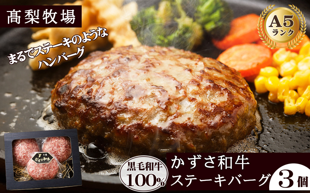 
            【高梨牧場】A５ランクかずさ和牛100％仕込み『ステーキバーグ（ハンバーグ）』150g×３個　[0010-0343]
          