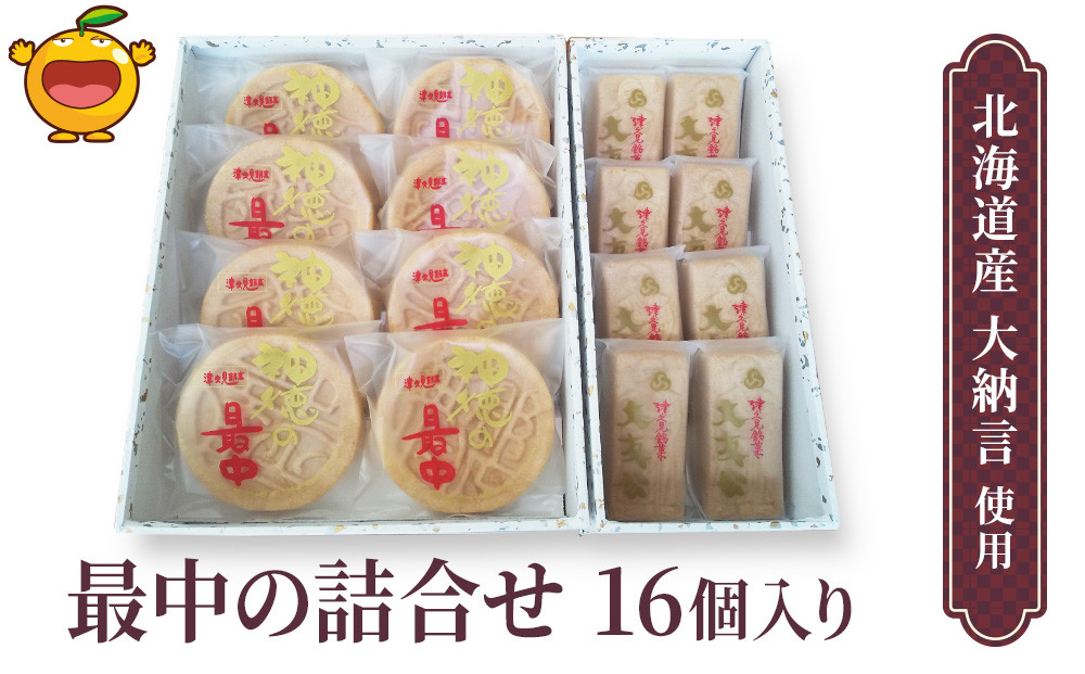 
最中の詰合せ 16個入り(神徳の最中8個・大友公 8個) あんこ 最中 もなか 粒餡 粒あん こし餡 和菓子 茶菓子 栗餡 栗 詰め合わせ ギフト 大分県産 九州産 津久見市 熨斗対応
