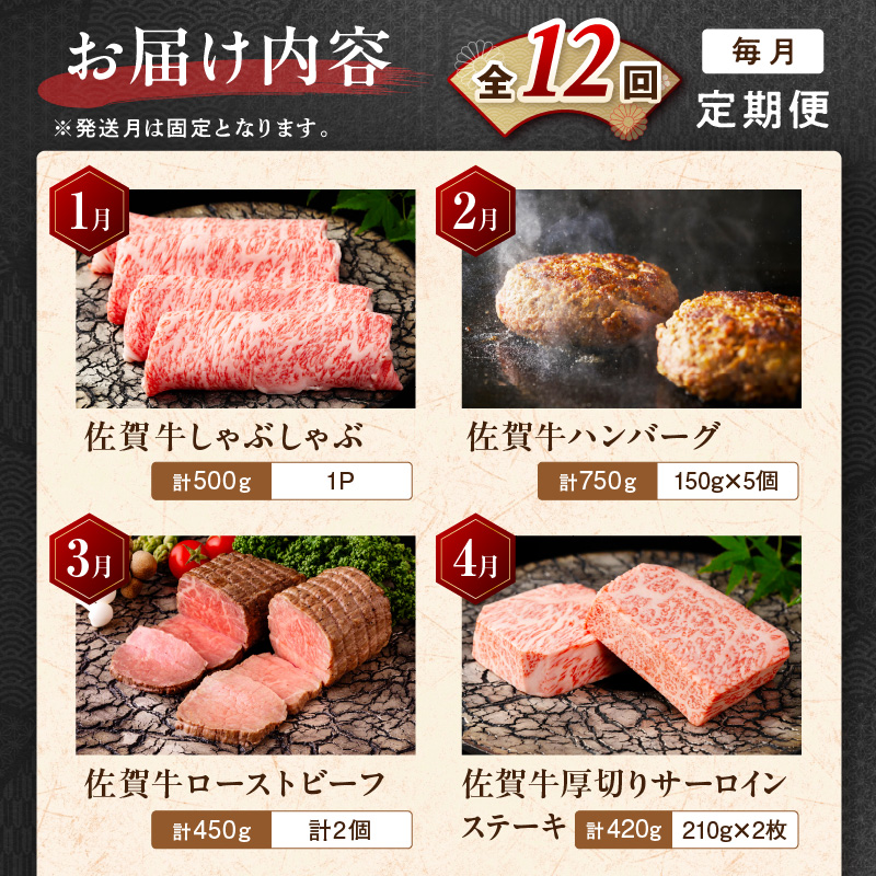 【発送月固定 定期便】肉の定期便! 特選佐賀牛 毎月月替わりでお届け 全12回 J1172