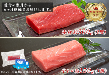 訳あり まぐろ マグロ 本鮪 黒潮本まぐろ 赤身 中トロ 定期便 6回 計450g × 6回 刺身 さしみ 最優秀賞 全国養殖クロマグロ品評会 受賞 魚 魚介類 海鮮 柵 サク 冷凍 お取り寄せ 産地