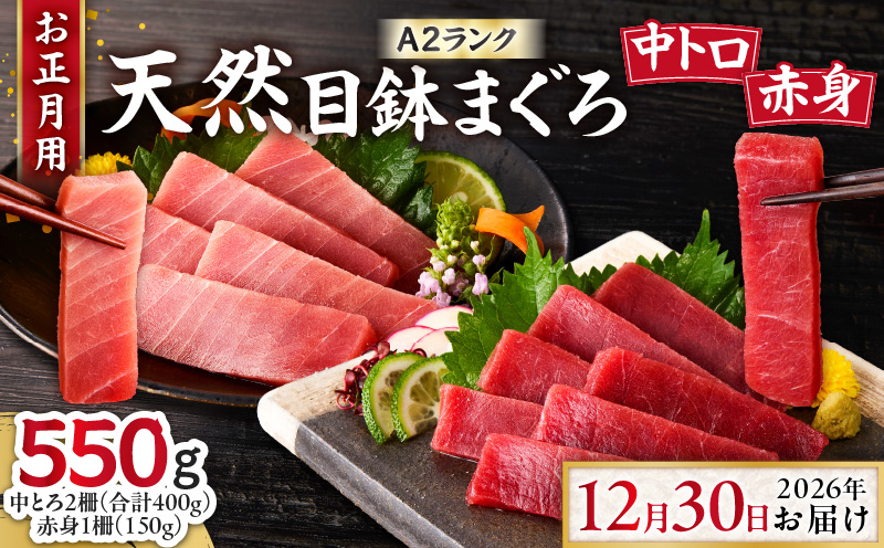 【お正月用G】天然目鉢鮪中とろ2柵・赤身1柵＜A2ランク＞（2026年12月30日にお届け）　M005-053-04