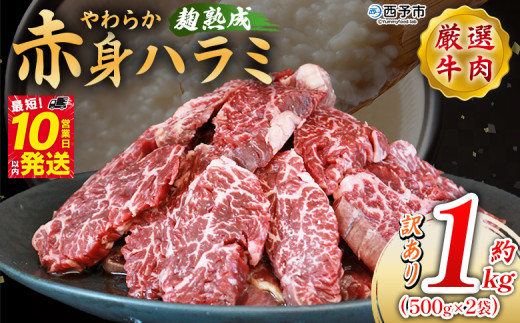 ＜麹熟成で旨み引き立つ！やわらか赤身ハラミ 約1kg（500g×2）＞ 訳あり はらみ ハラミ 赤身 大容量 牛肉 お肉 焼肉 BBQ 味付き 麹 コスパ 塩味 レシピ 丼 献立 惣菜 おかず 簡単 グルメ 株式会社丸和 愛媛県 西予市【冷凍】