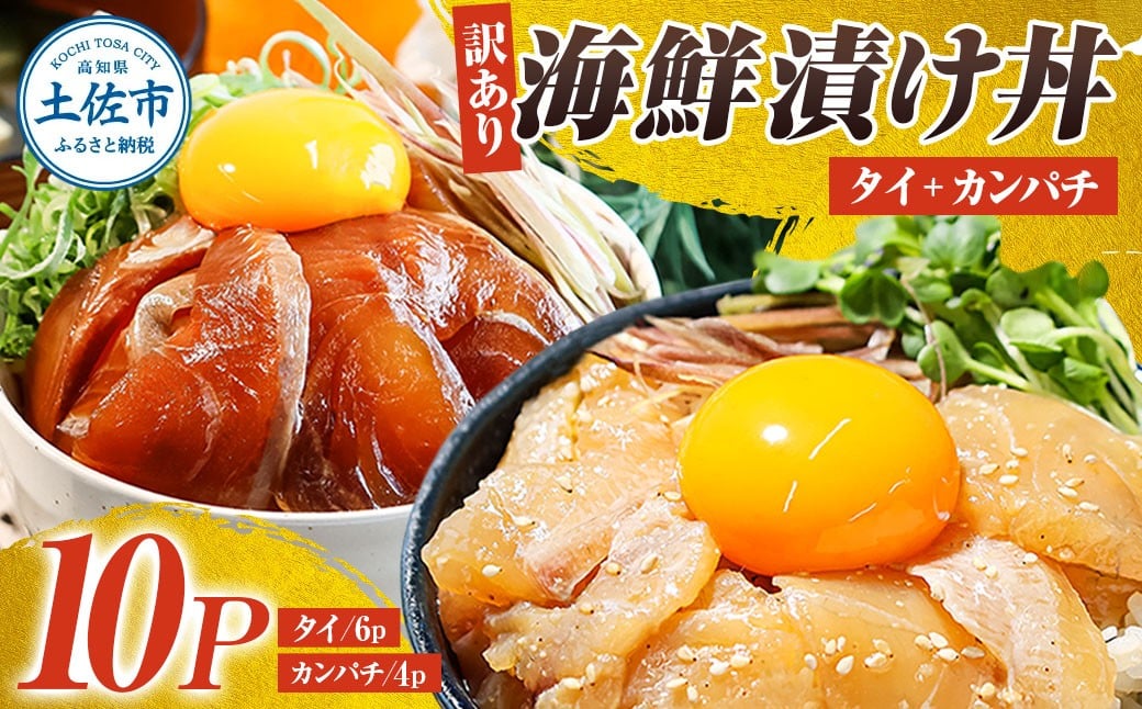 
訳あり海鮮漬け丼（タイ6P・カンパチ4P）セット 漬け丼 漬け 鯛 かんぱち 勘八 白身魚 食べ比べ 海鮮 魚 冷凍 食品 保存食 小分け 高知 土佐 海鮮丼 漬け丼 ぶっかけ 鯛めし 惣菜 そうざい 訳アリ わけあり 不揃い 規格外 故郷納税 返礼品

