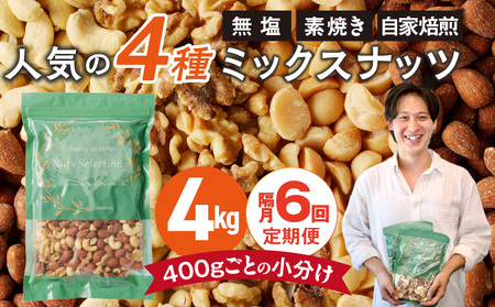 【定期便6回】ミックスナッツ4種セット 計4kg(400g×10袋) アーモンド・カシューナッツ・生くるみ・マカダミアナッツ _Tk085