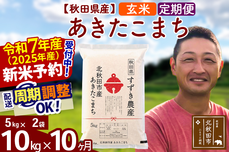 ※令和7年産 新米予約※《定期便10ヶ月》秋田県産 あきたこまち 10kg【玄米】(5kg小分け袋) 2025年産 お届け周期調整可能 隔月に調整OK お米 すずき農産