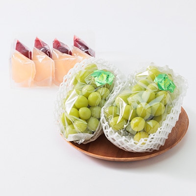 【2025年度発送分】朝採れ新鮮シャインマスカット2房＆ピオーネと白桃果肉ごろっとジュレセット