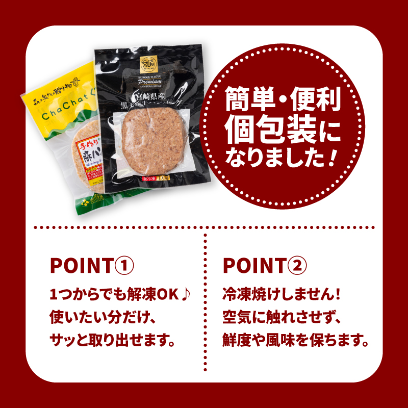 宮崎県産黒毛和牛100%ハンバーグ個包装(20個/冷凍)・ 宮崎県産ポークハンバーグ個包装(20個/冷凍)　 K16_0158