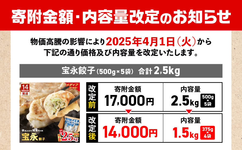 【4月1日より寄附金額・内容量改定】【ぎょうざの宝永】宝永餃子（500g×5袋）合計2.5kg　T004-001