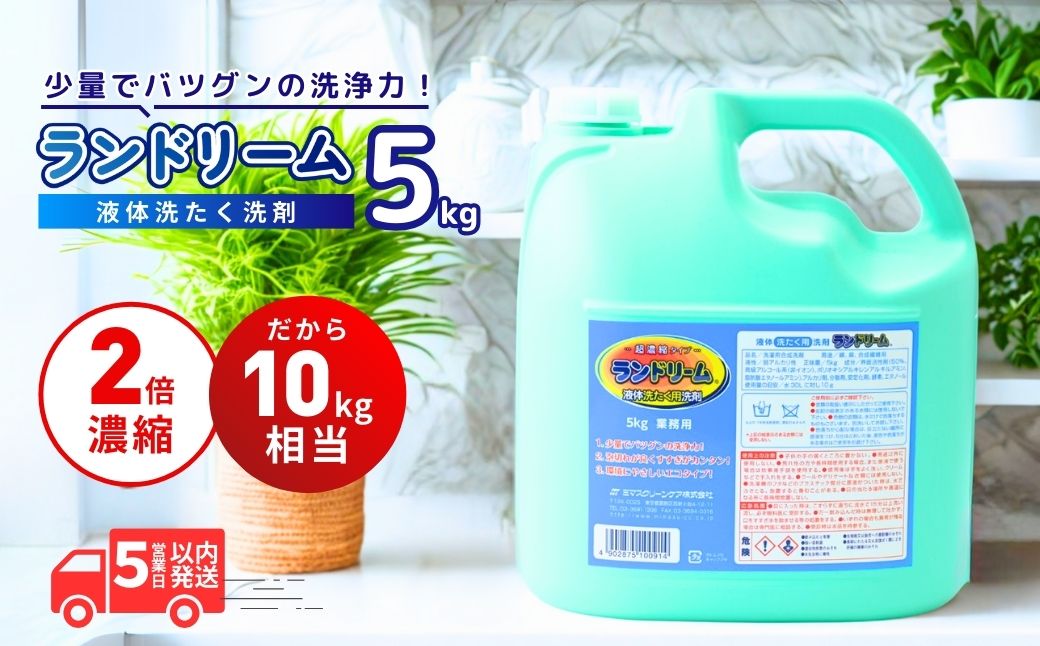 2倍濃縮 洗濯洗剤 ランドリーム 5kg×1個 詰め替え | 洗濯 洗剤 液体 洗濯用洗剤 洗濯用 環境配慮 詰替え 詰め替え用 大容量 衣類洗剤 衣類用洗剤 液体洗剤 業務用洗剤 日常品 洗浄 エコ洗剤 泡切れが良い ランドリー 柔軟剤 店舗用 エコ すすぎ１回 節水 節約 茨城県 龍ケ崎市