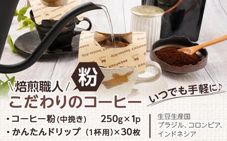 焙煎職人こだわりのコーヒー【粉】250g 小分けパック(ジッパー・バルブ付) 中深煎り≪かんたんドリップ30枚付≫≪みやこんじょ特急便≫_LB-3301-Q_(都城市) コーヒー粉 250g×1パック