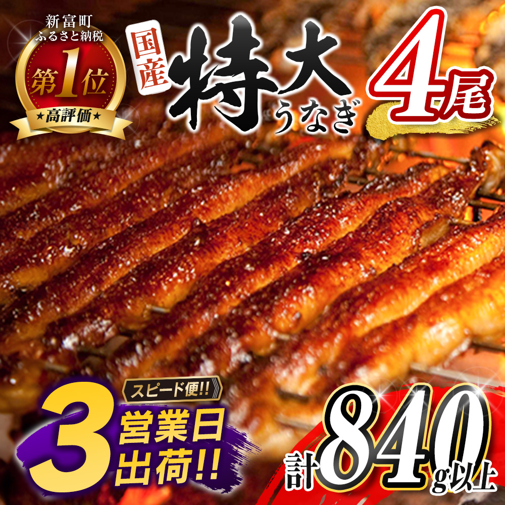 ＜3営業日以内に出荷＞最短 最速 特大 うなぎ 鰻楽 国産 蒲焼 4尾 無頭 計840g以上 おすすめ 冷凍 簡単調理 個包装 贈答品 ギフト スピード便【C388-840-3D】
