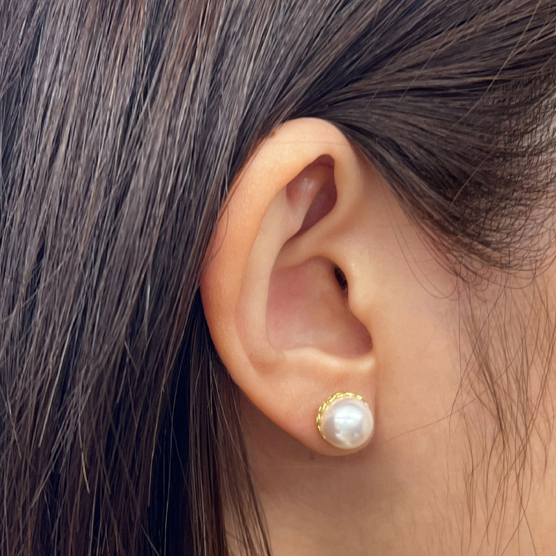 S101-426_あこや真珠 天草 熊本 ピアス 菊皿 8mm - 8.5mm 花型 ホワイトピンク K18 K14 本真珠  