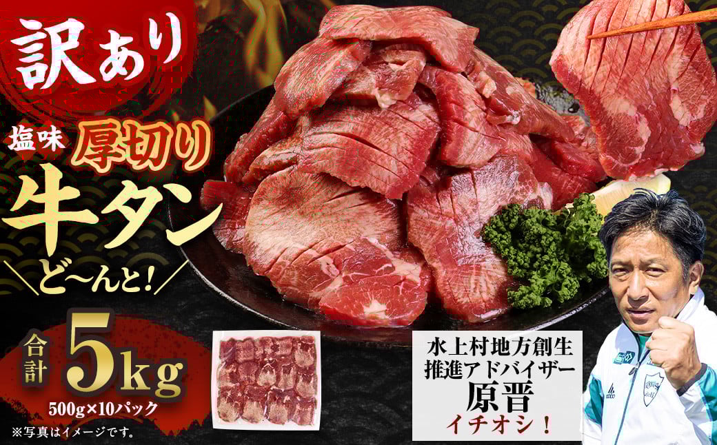 
【訳あり】塩味 厚切り牛タン（軟化加工） 5kg（500g×10） 厚切り 牛タン 肉 BBQ 焼肉 熊本県 水上村
