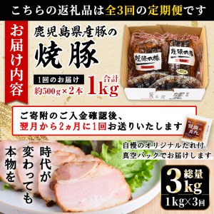 No.876 ＜定期便・全3回(隔月)＞鹿児島県産の焼豚大ブロック(計1kg・約500g×2本×3回)国産 九州産 焼豚 叉焼 チャーシュー ラーメン 具材 お中元 お歳暮 ギフト 贈答 詰め合わせ 